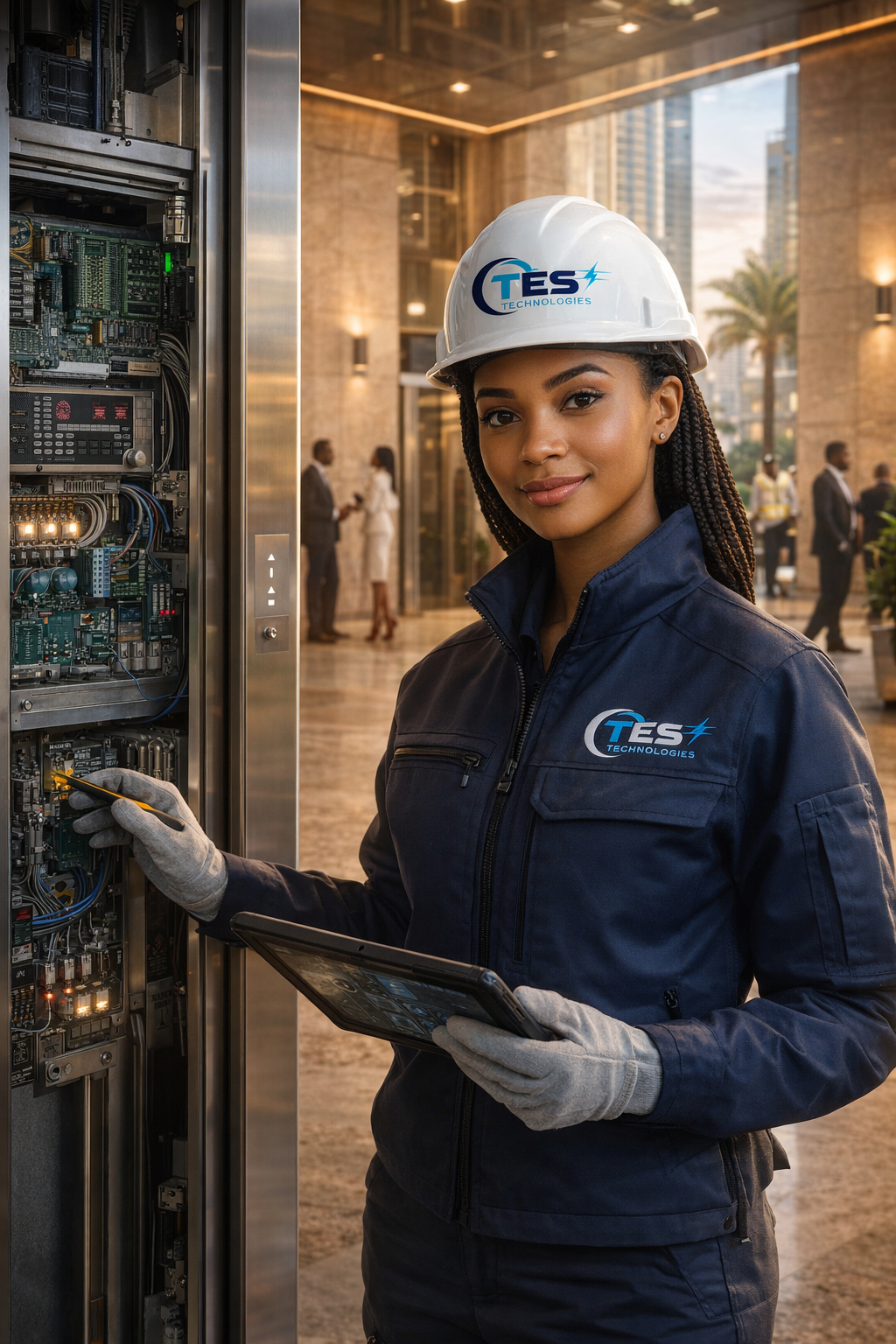 Ascenseurs - Technicienne TES Technologies inspectant un système d'ascenseur