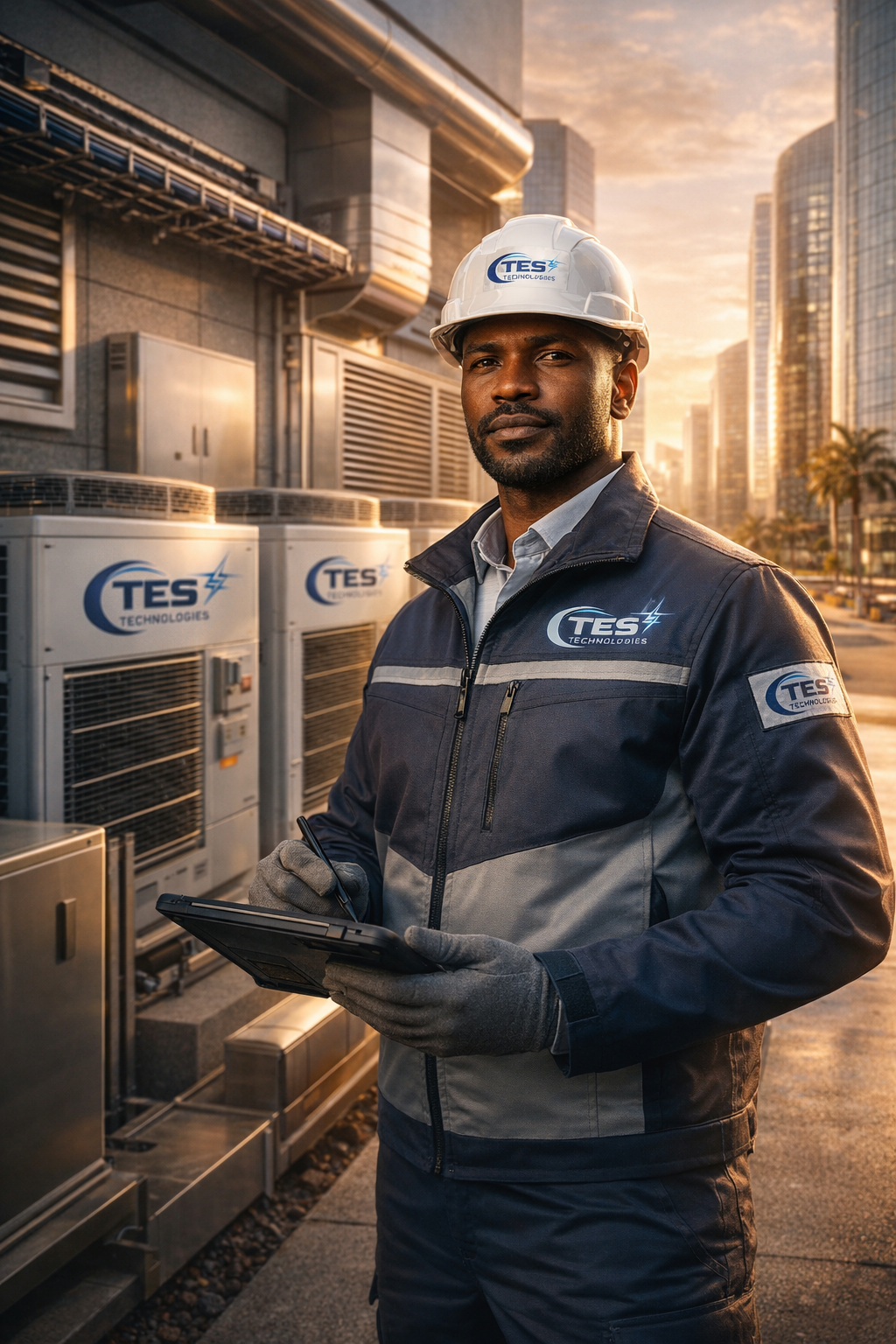 HVAC - Technicien TES Technologies devant système de climatisation VRV